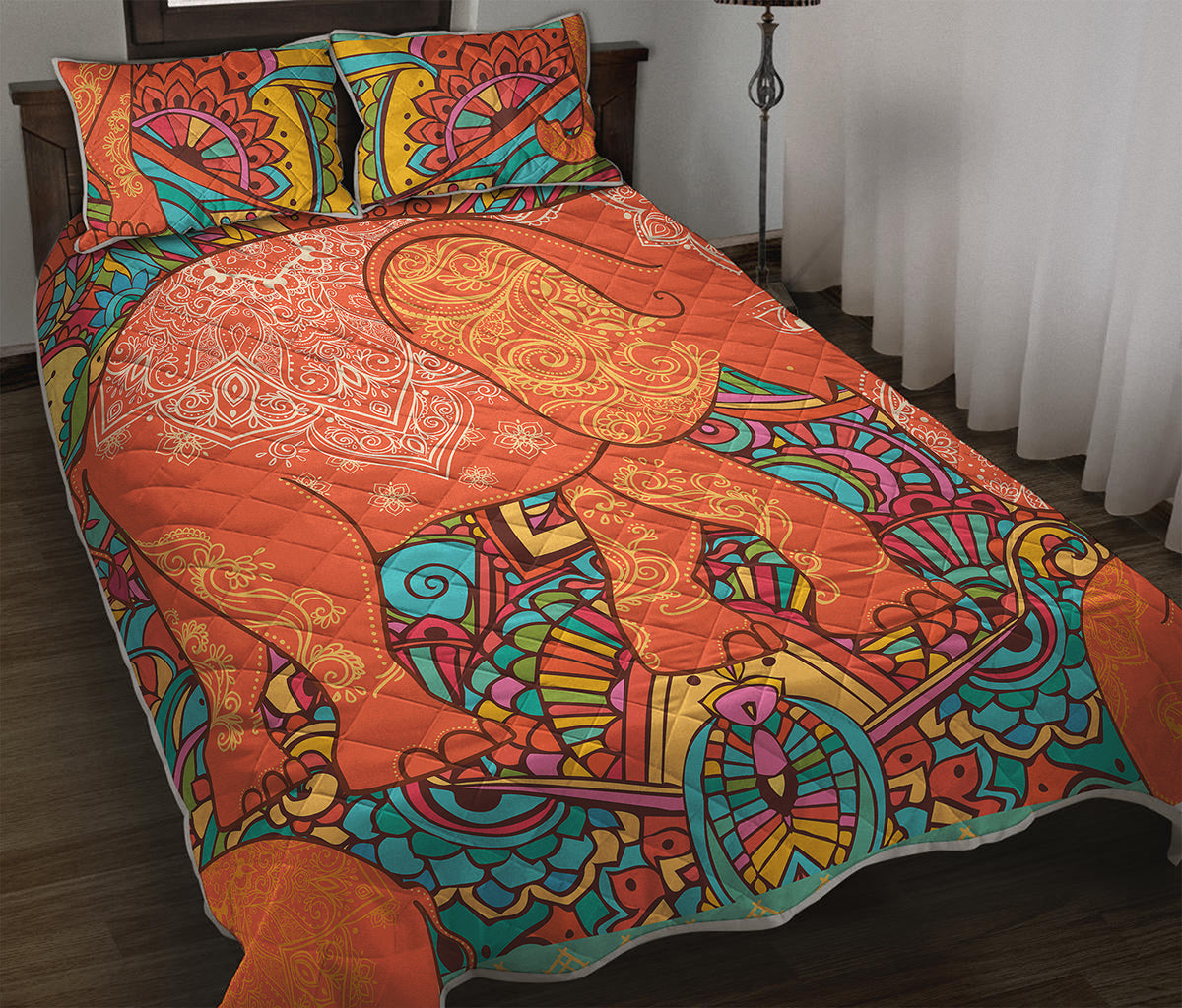 Indian Boho Hippie Elephant Print Quilt Bed Set