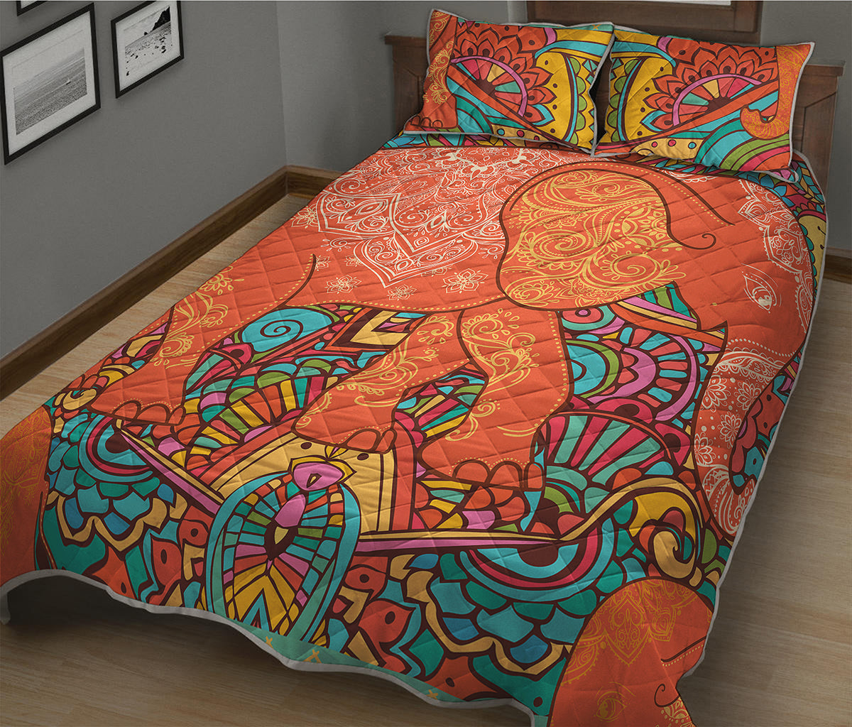 Indian Boho Hippie Elephant Print Quilt Bed Set