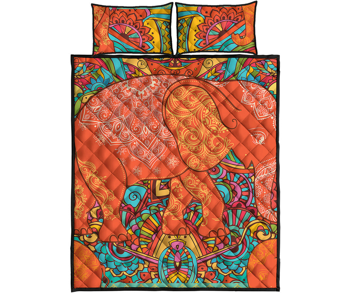 Indian Boho Hippie Elephant Print Quilt Bed Set