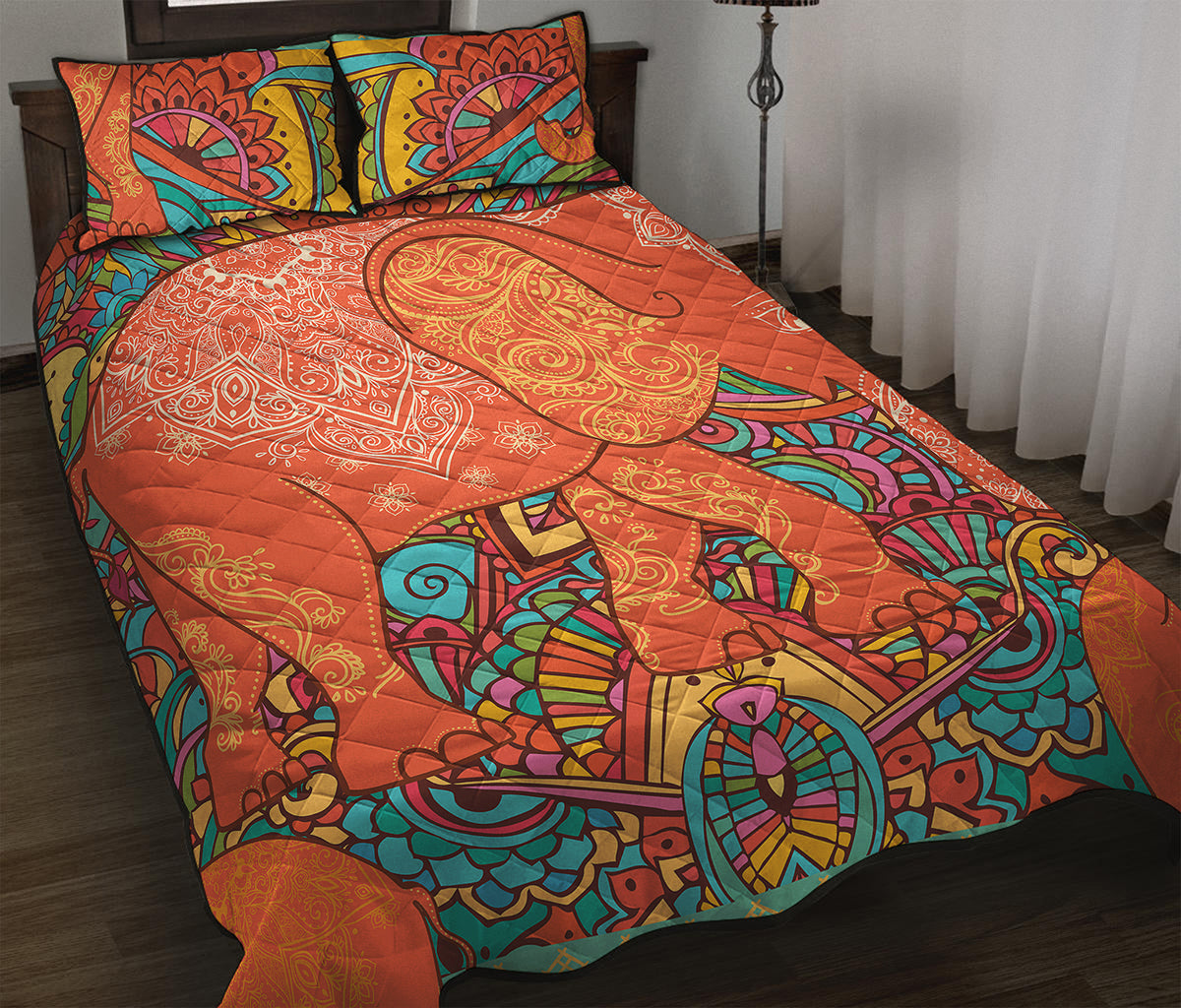 Indian Boho Hippie Elephant Print Quilt Bed Set
