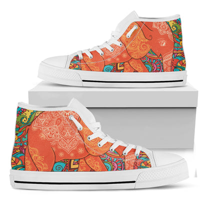 Indian Boho Hippie Elephant Print White High Top Shoes