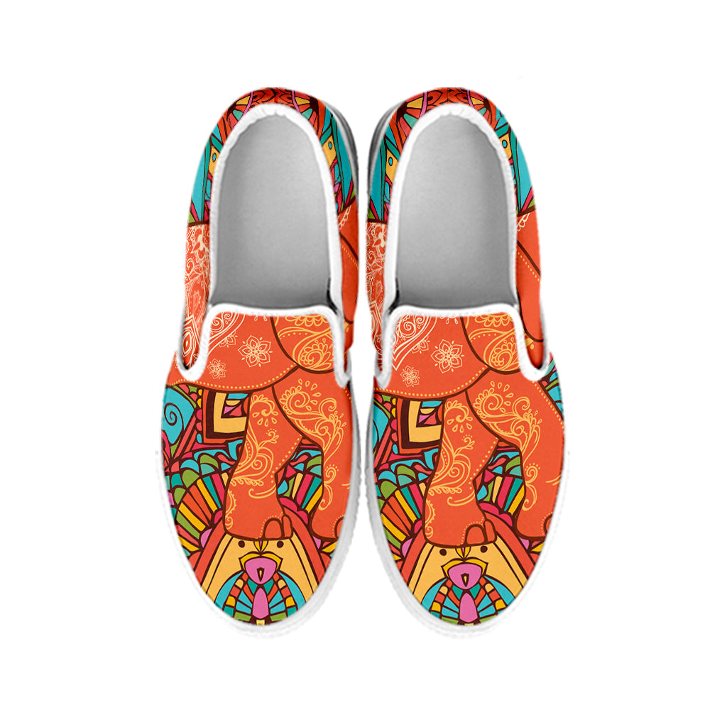 Indian Boho Hippie Elephant Print White Slip On Shoes