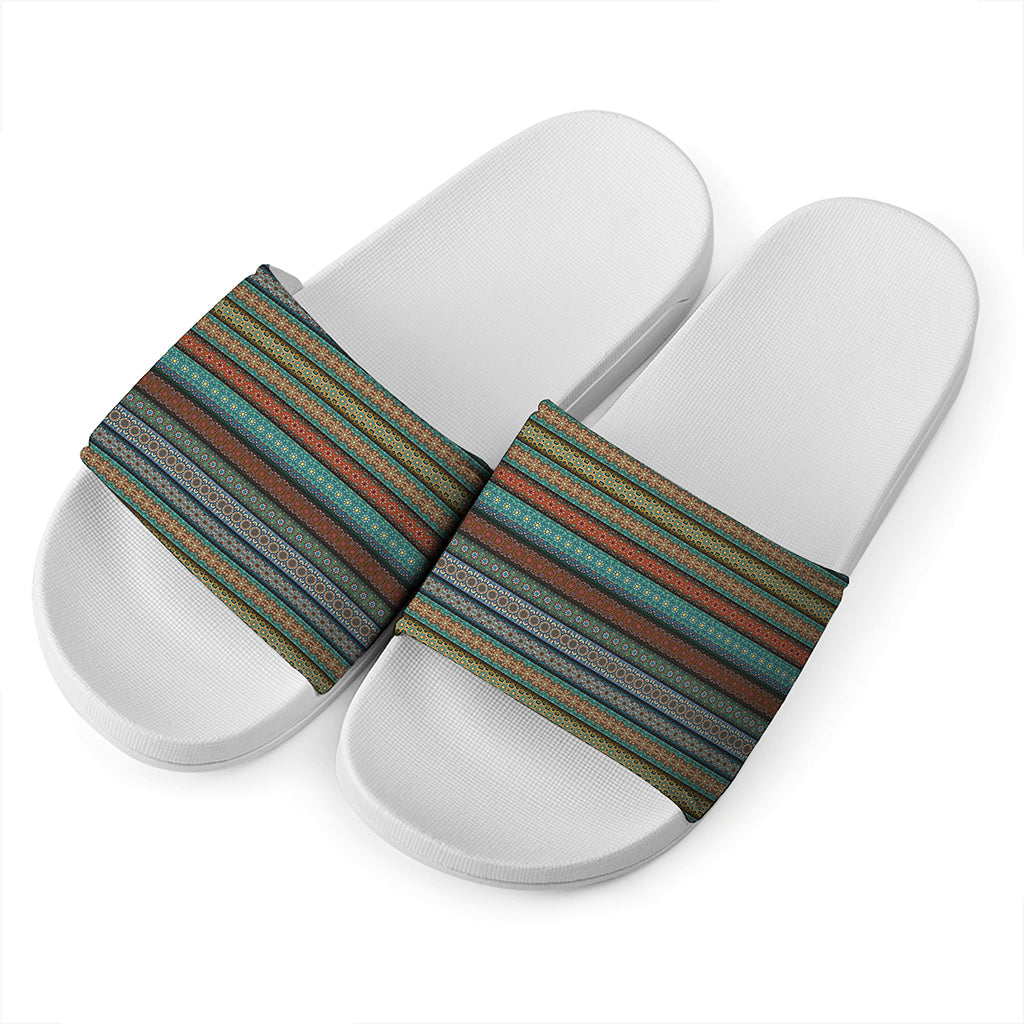 Indian Ethnic Pattern Print White Slide Sandals