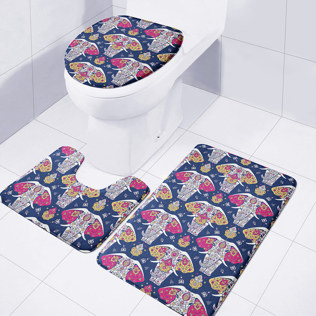 Indian Floral Elephant Pattern Print 3 Piece Bath Mat Set
