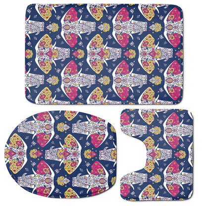 Indian Floral Elephant Pattern Print 3 Piece Bath Mat Set