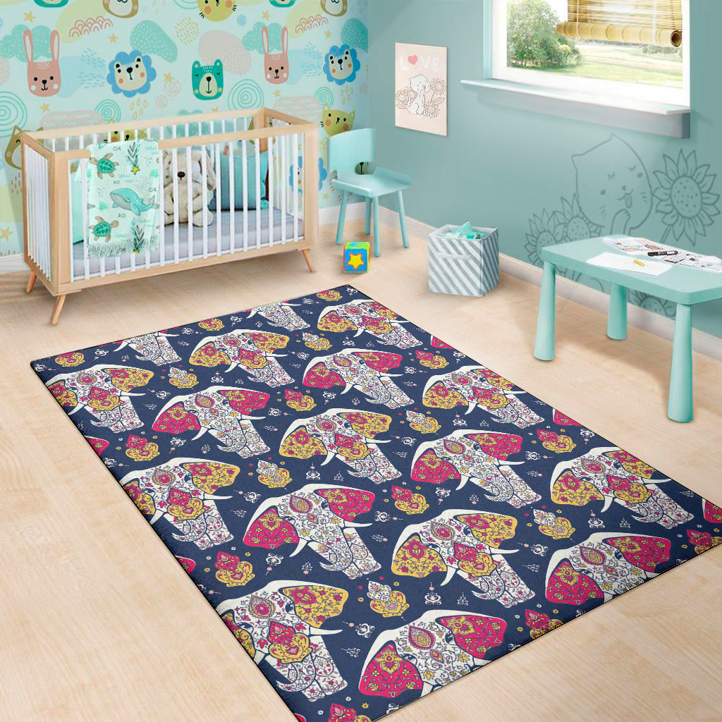 Indian Floral Elephant Pattern Print Area Rug