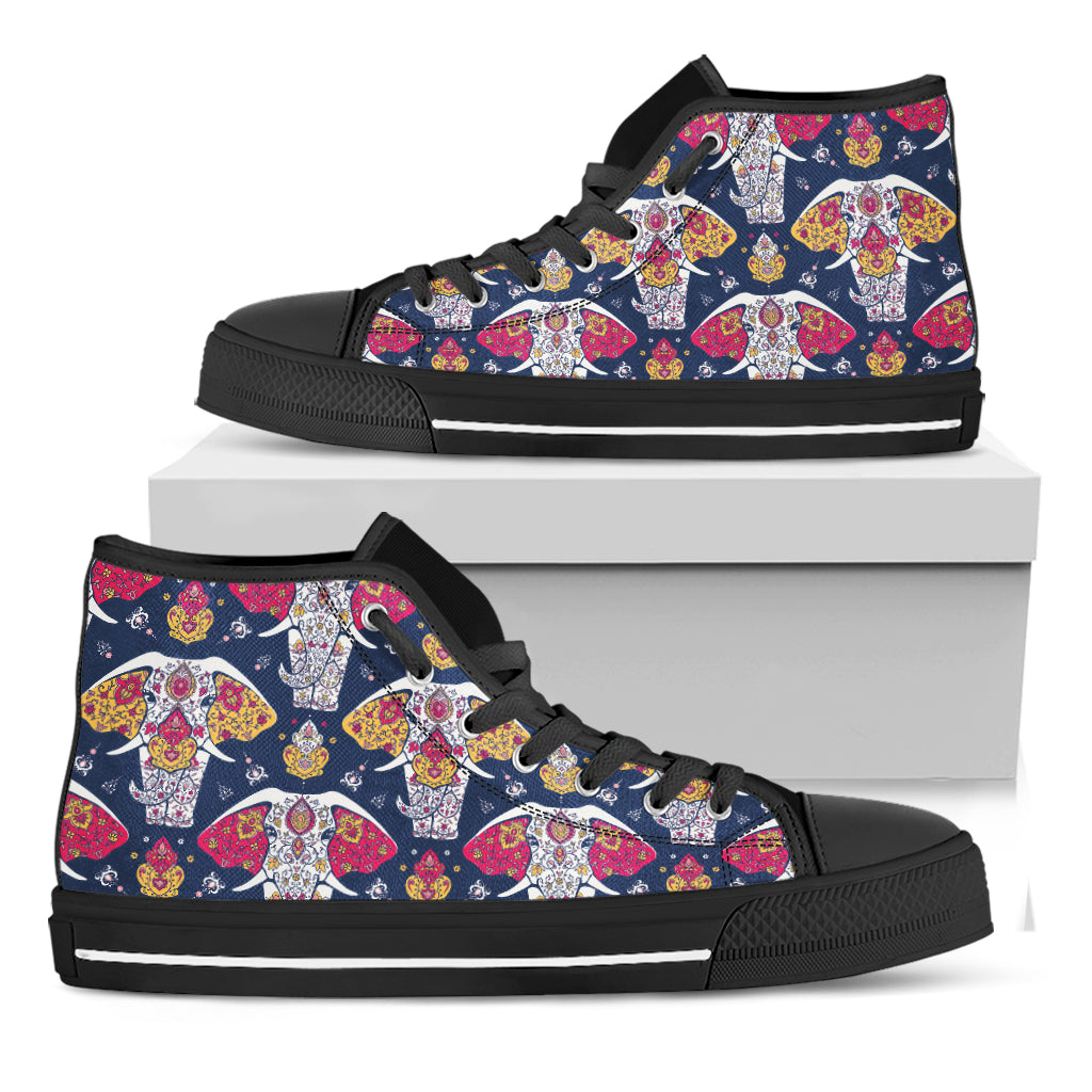 Indian Floral Elephant Pattern Print Black High Top Shoes