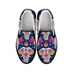 Indian Floral Elephant Pattern Print Black Slip On Shoes