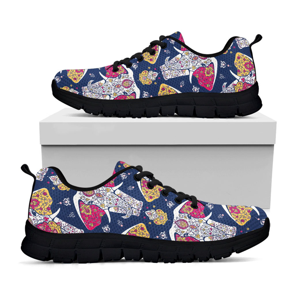 Indian Floral Elephant Pattern Print Black Sneakers