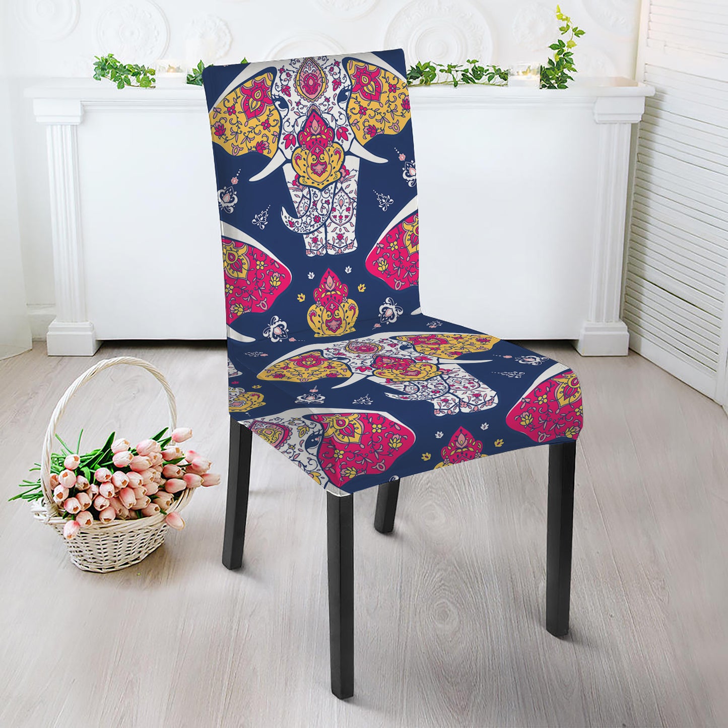 Indian Floral Elephant Pattern Print Dining Chair Slipcover