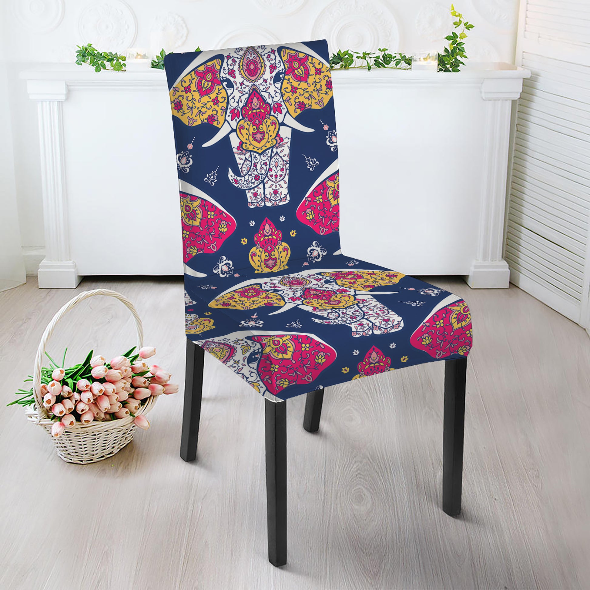 Indian Floral Elephant Pattern Print Dining Chair Slipcover