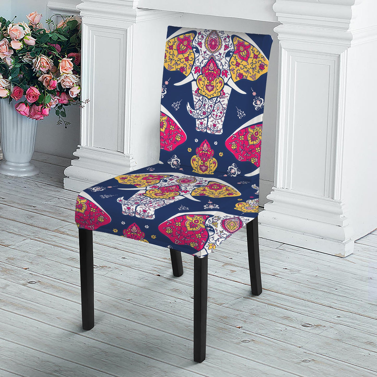 Indian Floral Elephant Pattern Print Dining Chair Slipcover
