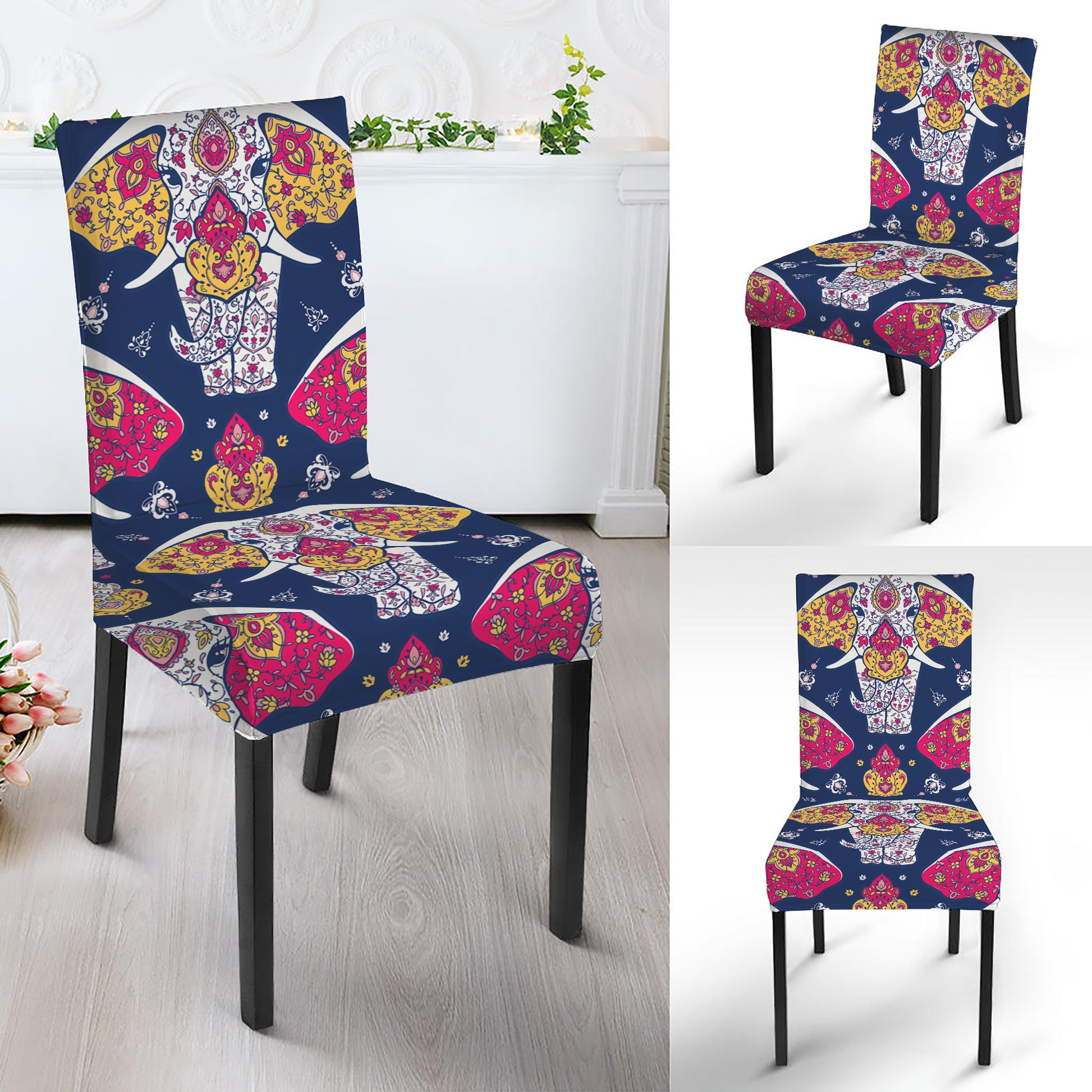 Indian Floral Elephant Pattern Print Dining Chair Slipcover