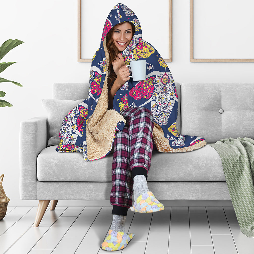 Indian Floral Elephant Pattern Print Hooded Blanket