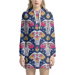 Indian Floral Elephant Pattern Print Hoodie Dress