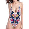 Indian Floral Elephant Pattern Print One Piece High Cut Swimsuit