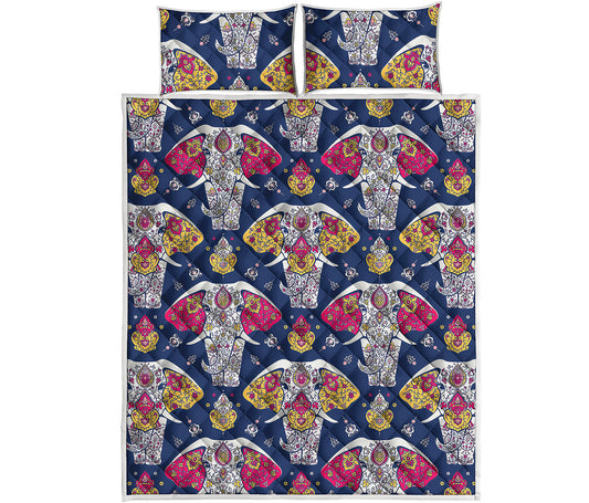 Indian Floral Elephant Pattern Print Quilt Bed Set