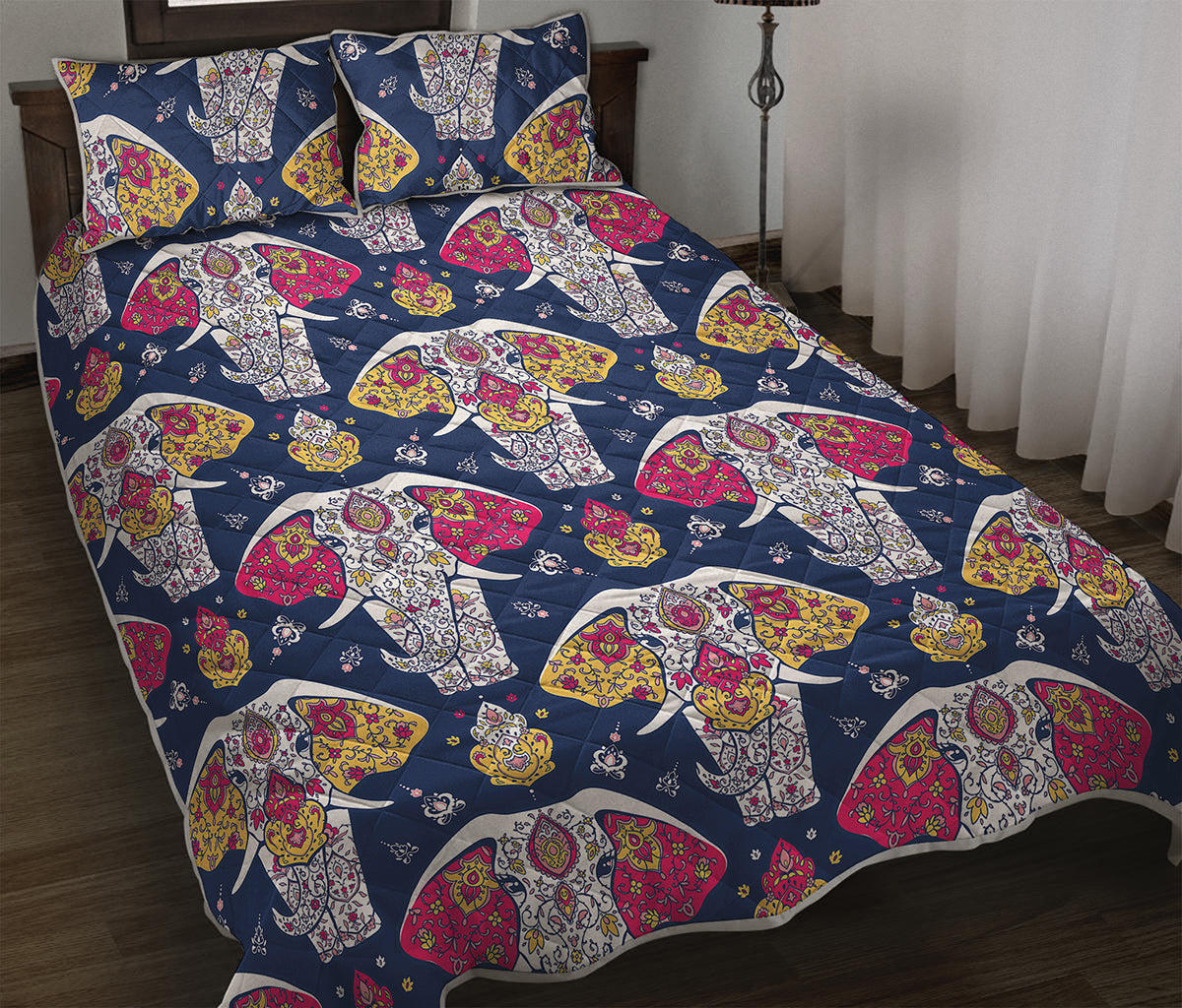Indian Floral Elephant Pattern Print Quilt Bed Set