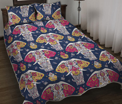 Indian Floral Elephant Pattern Print Quilt Bed Set