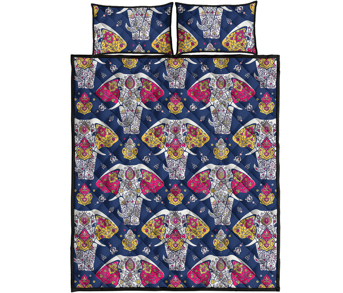 Indian Floral Elephant Pattern Print Quilt Bed Set
