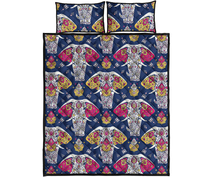 Indian Floral Elephant Pattern Print Quilt Bed Set