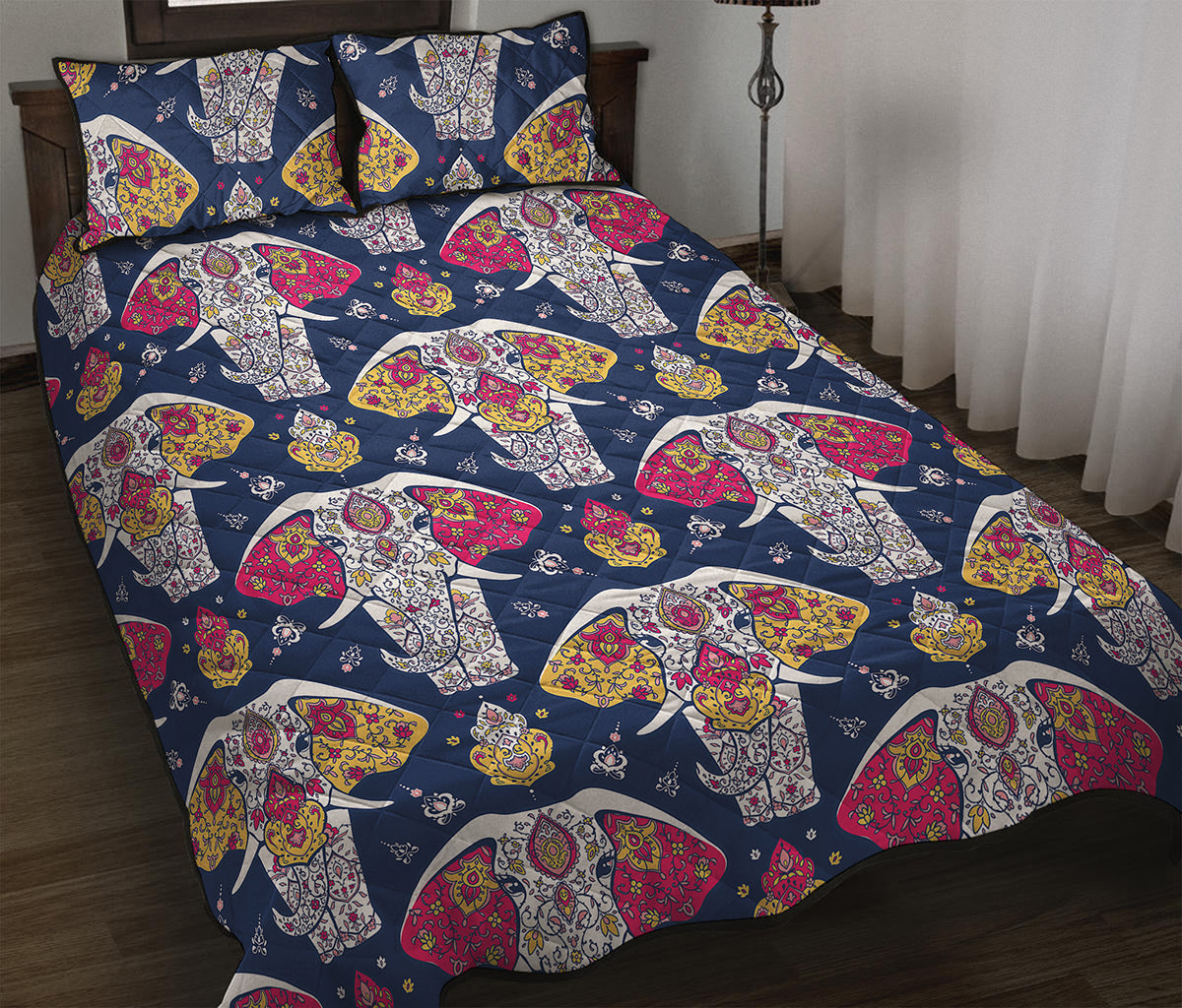 Indian Floral Elephant Pattern Print Quilt Bed Set