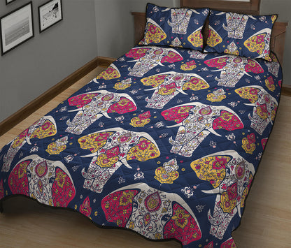 Indian Floral Elephant Pattern Print Quilt Bed Set