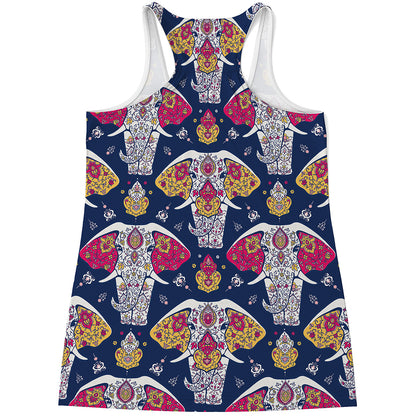 Indian Floral Elephant Pattern Print Women's Racerback Tank Top