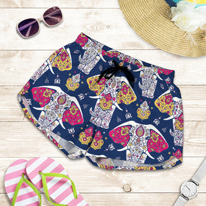 Indian Floral Elephant Pattern Print Women's Shorts