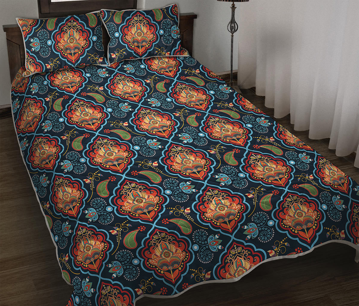 Indian Floral Paisley Pattern Print Quilt Bed Set