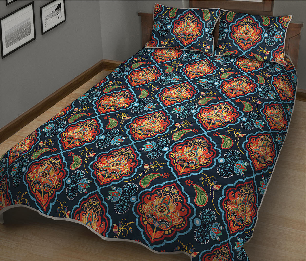 Indian Floral Paisley Pattern Print Quilt Bed Set