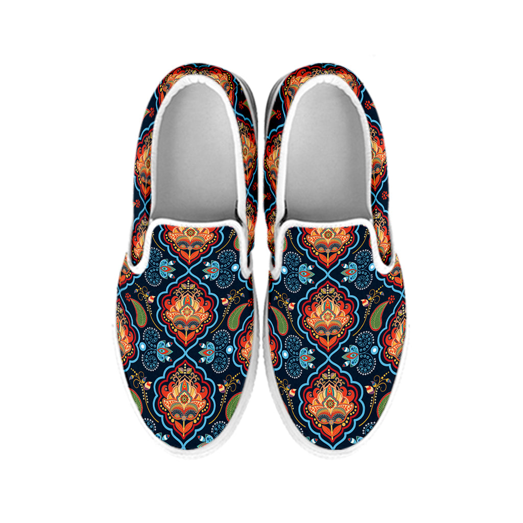 Indian Floral Paisley Pattern Print White Slip On Shoes