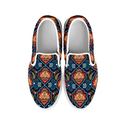 Indian Floral Paisley Pattern Print White Slip On Shoes