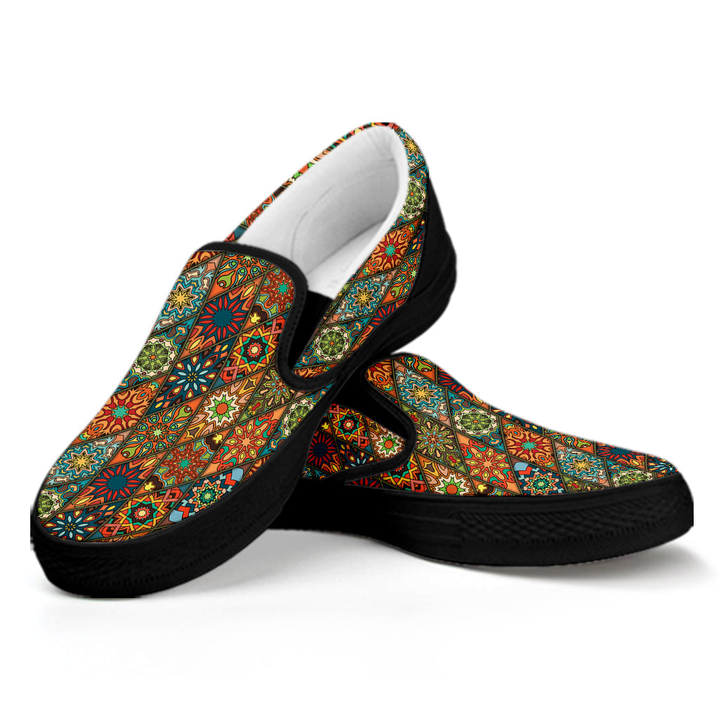 Indian Floral Patchwork Pattern Print Black Slip On Shoes