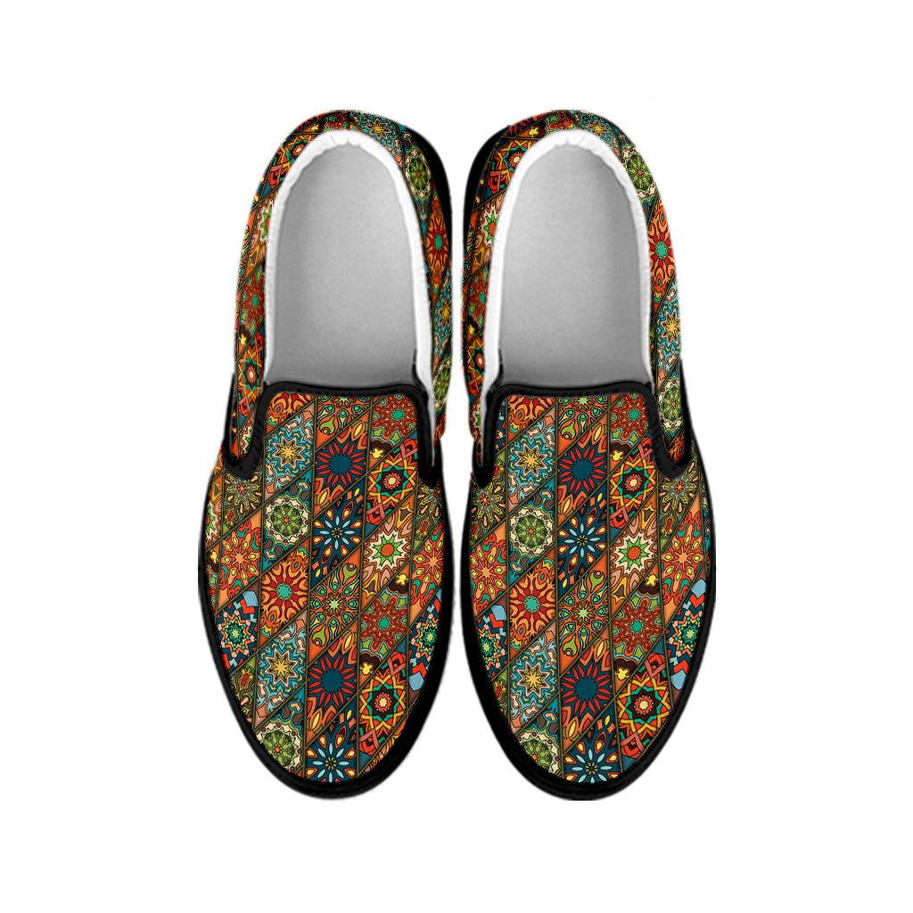 Indian Floral Patchwork Pattern Print Black Slip On Shoes