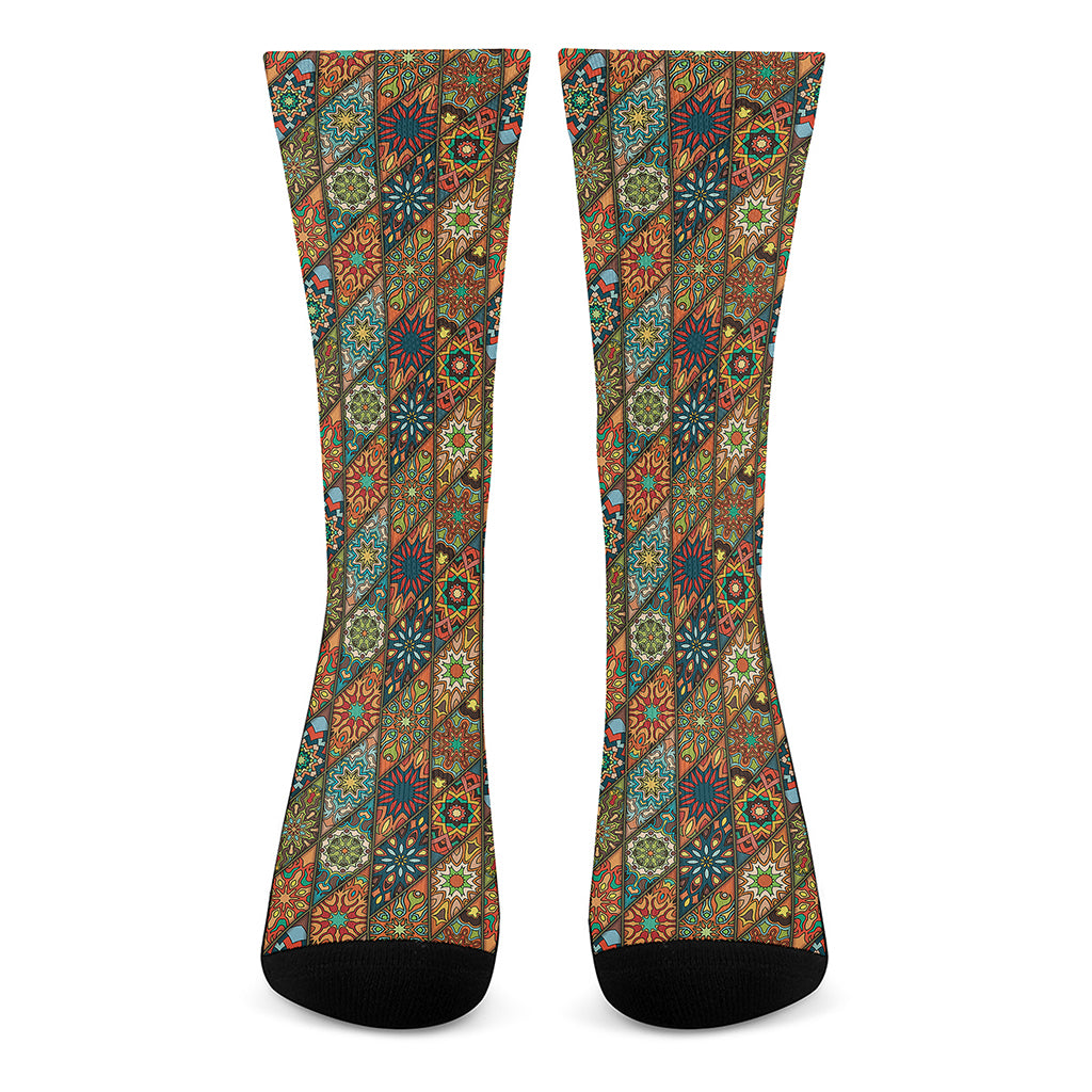 Indian Floral Patchwork Pattern Print Crew Socks