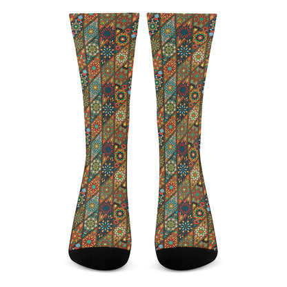 Indian Floral Patchwork Pattern Print Crew Socks