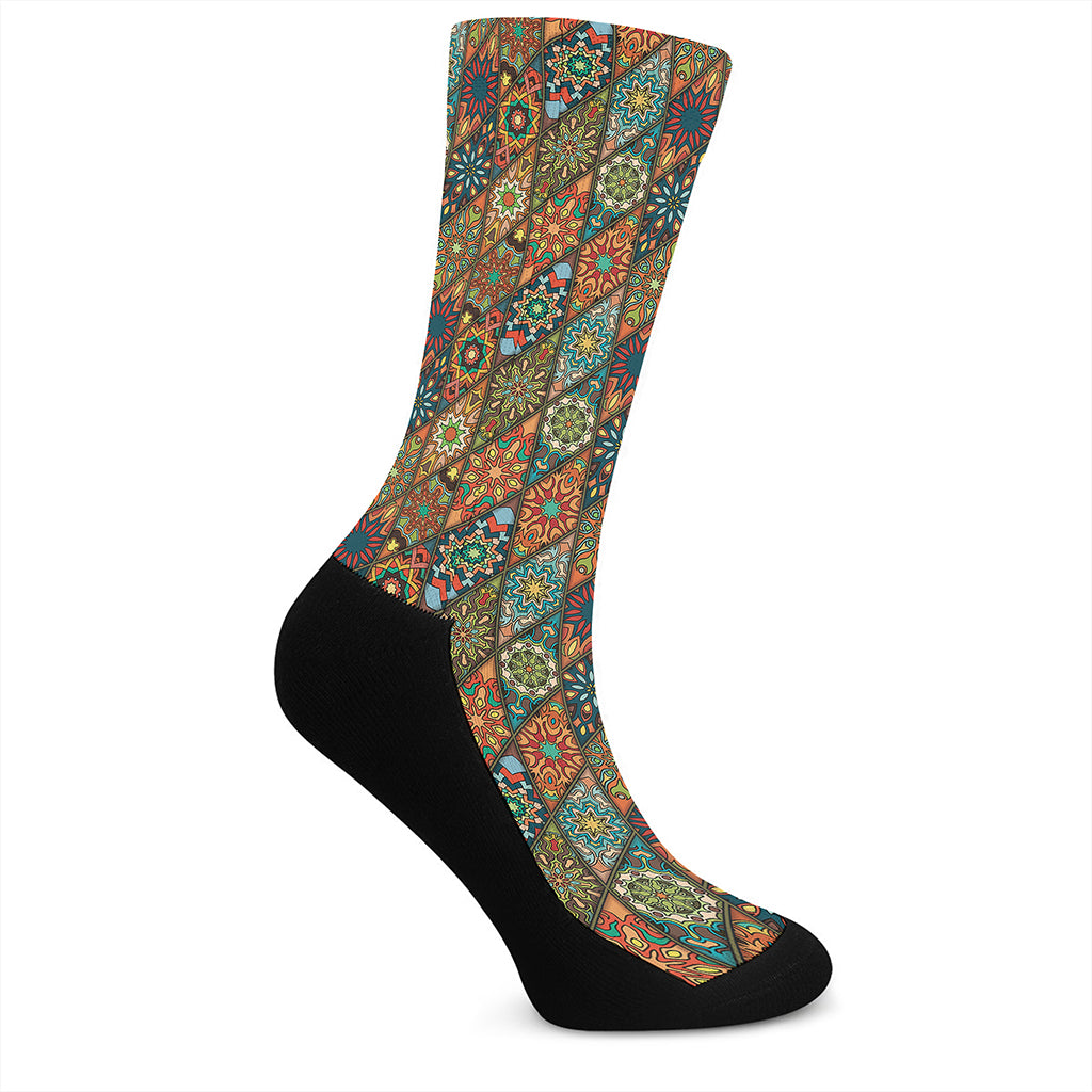 Indian Floral Patchwork Pattern Print Crew Socks