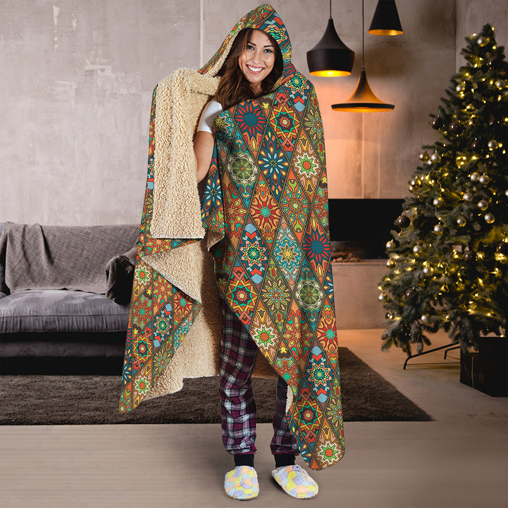 Indian Floral Patchwork Pattern Print Hooded Blanket
