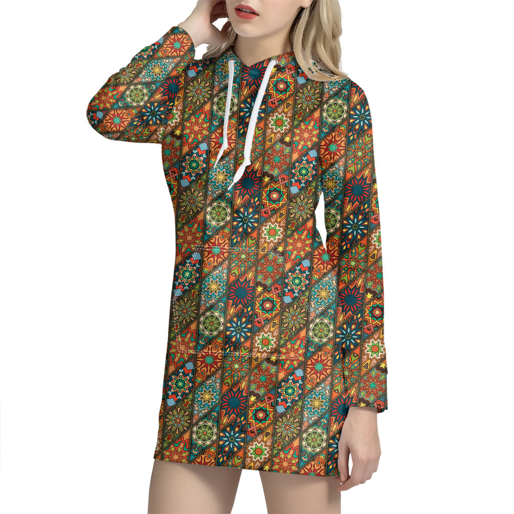 Indian Floral Patchwork Pattern Print Hoodie Dress