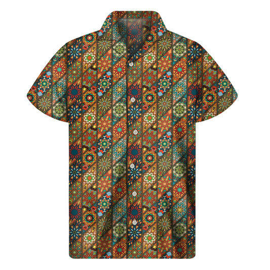 Indian Floral Patchwork Pattern Print Men's Short Sleeve Shirt