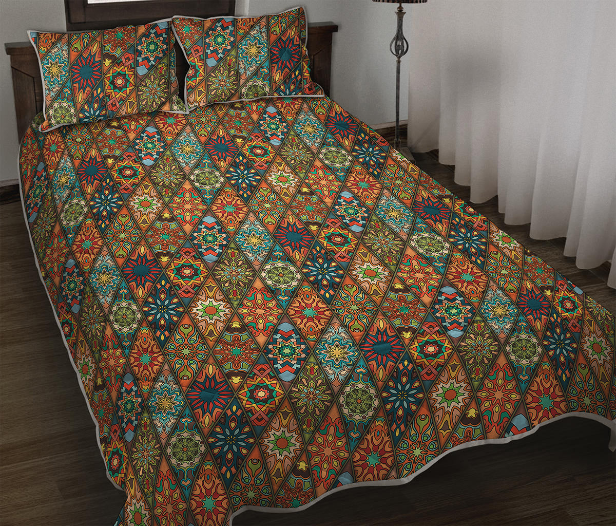 Indian Floral Patchwork Pattern Print Quilt Bed Set