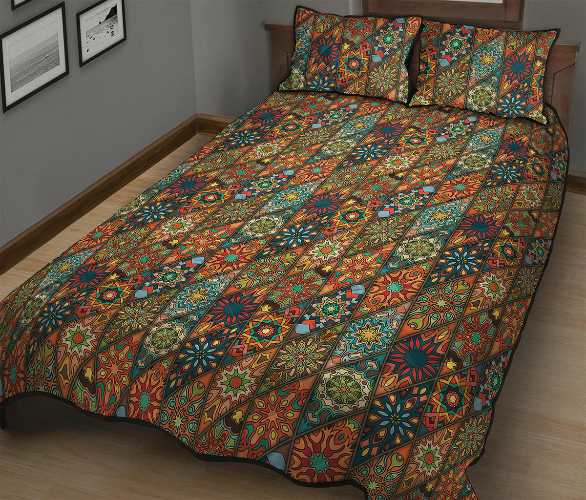 Indian Floral Patchwork Pattern Print Quilt Bed Set