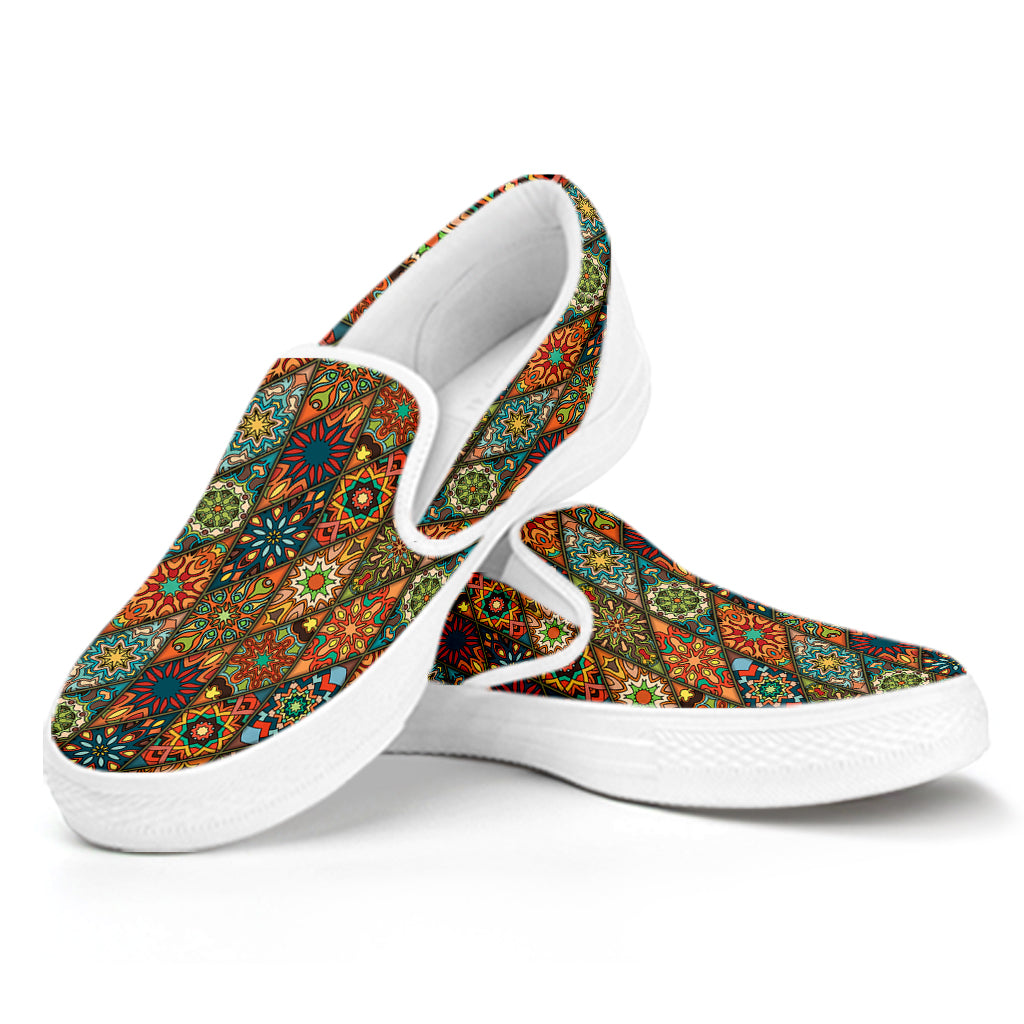 Indian Floral Patchwork Pattern Print White Slip On Shoes