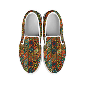 Indian Floral Patchwork Pattern Print White Slip On Shoes