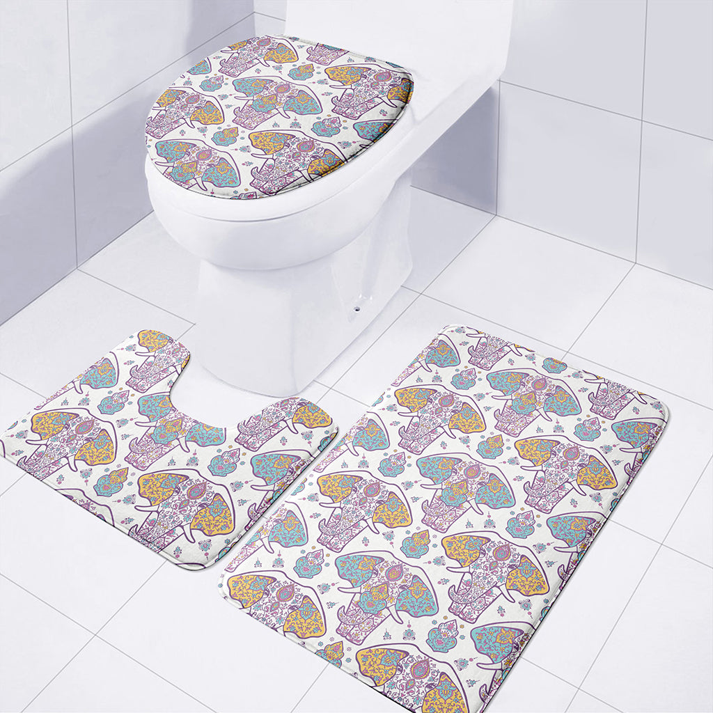 Indian Flower Elephant Pattern Print 3 Piece Bath Mat Set