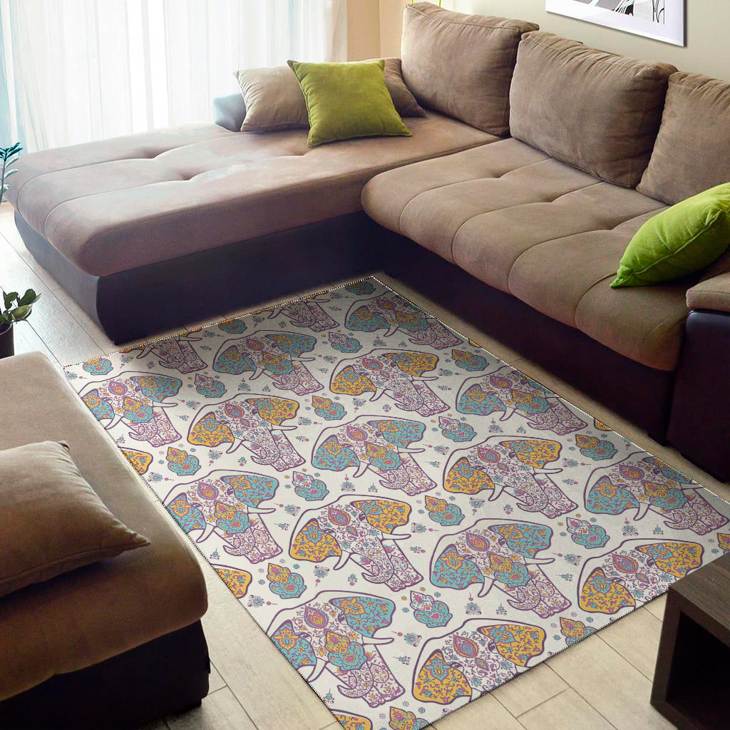 Indian Flower Elephant Pattern Print Area Rug