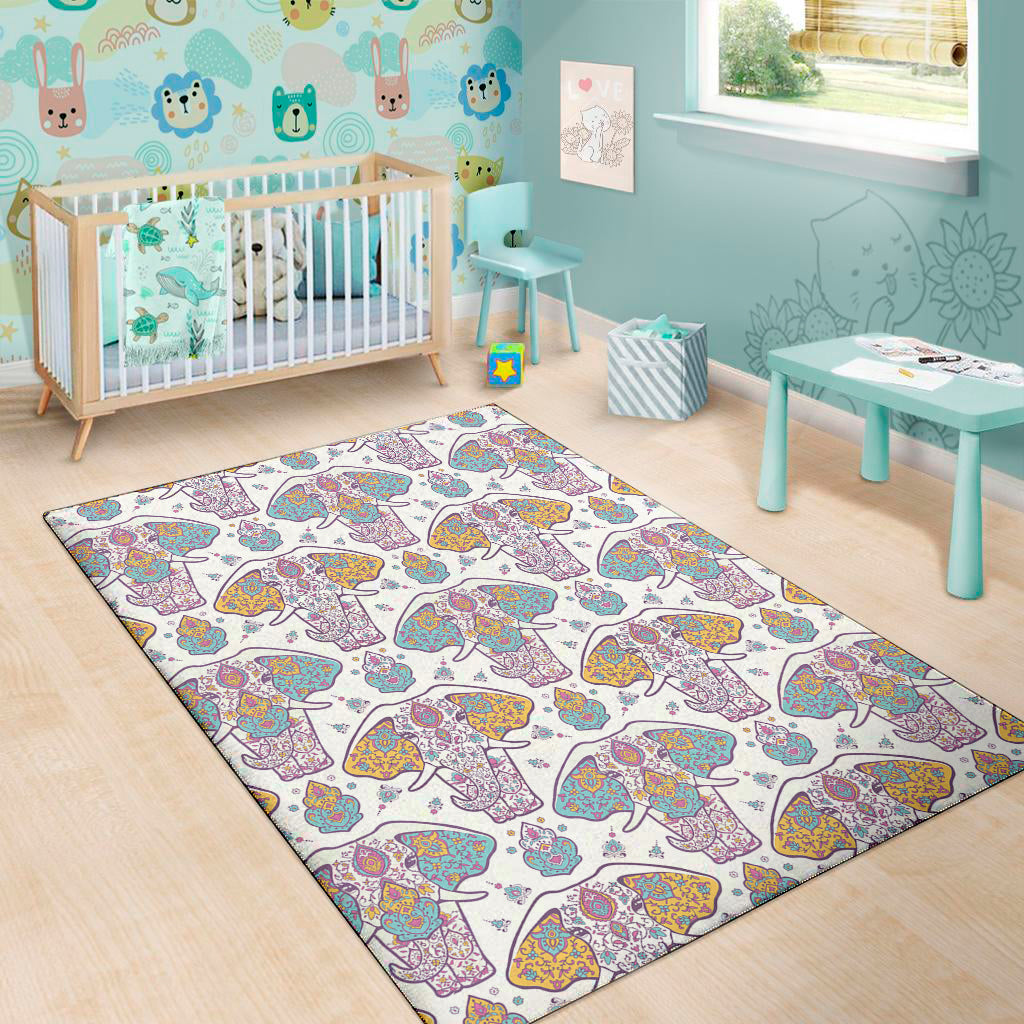 Indian Flower Elephant Pattern Print Area Rug