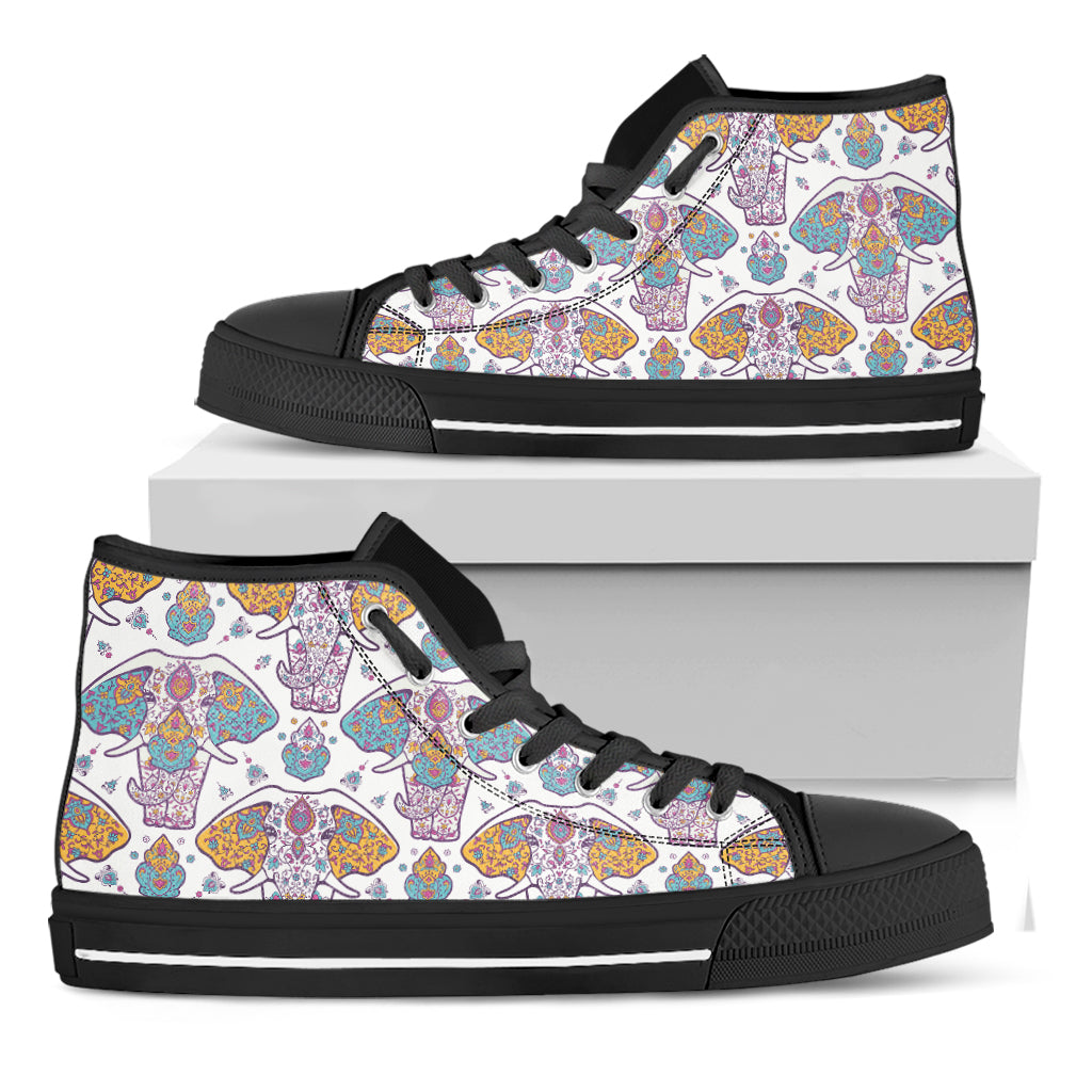 Indian Flower Elephant Pattern Print Black High Top Shoes