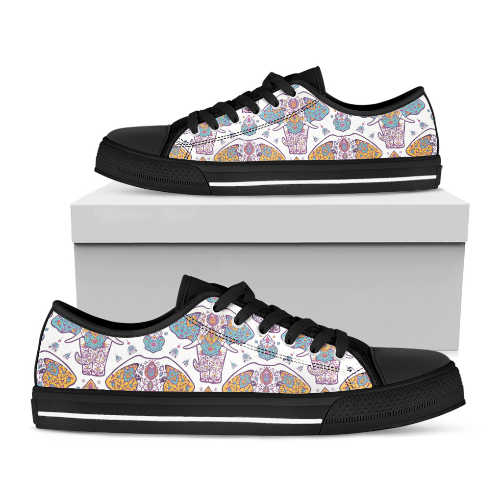 Indian Flower Elephant Pattern Print Black Low Top Shoes